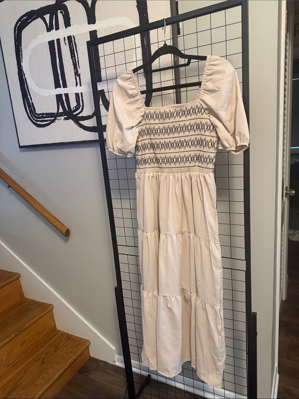 Smocked Cream Maxi Dress with Puff Sleeves